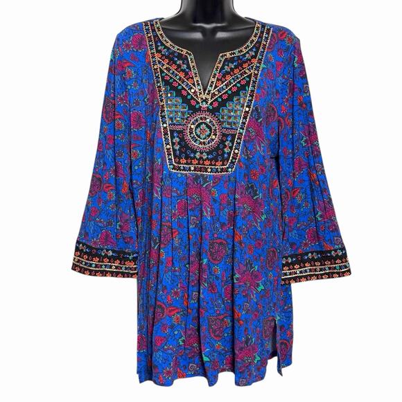 SOFT SURROUNDINGS TAMURI TUNIC TOP M BOHO VIBRANT MULTICOLOR BEADED EMBROIDERED - Picture 1 of 6